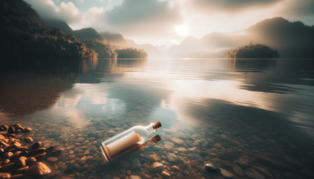 Photo of a calm and peaceful lakeside setting, with a message in a bottle floating on the water, symbolizing a call for help and understanding.