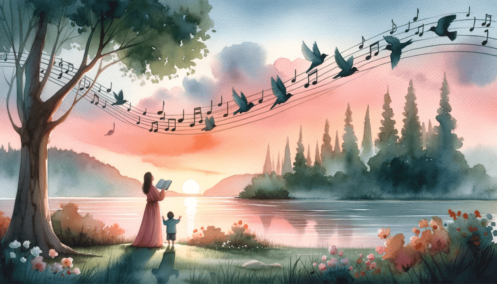 A serene lakeside scene during sunset where a mother sings a lullaby to her child, with birds flying overhead.