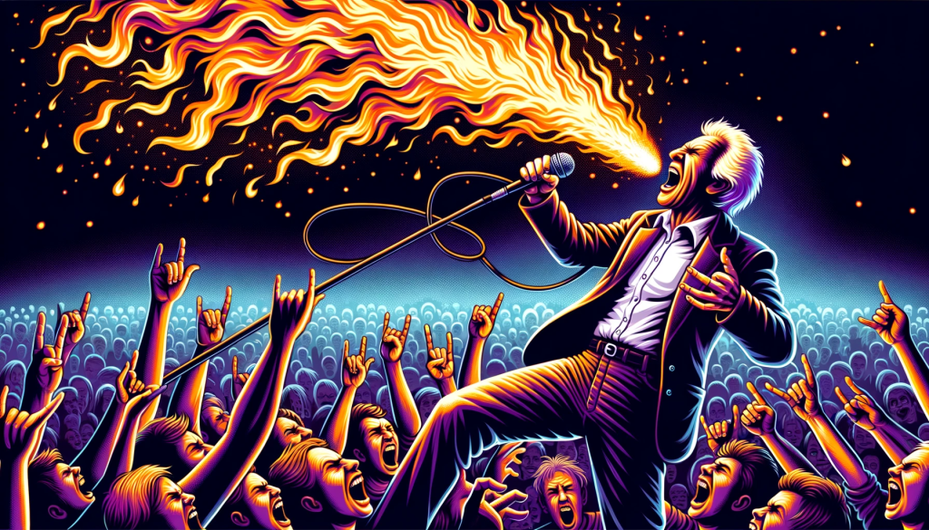 Illustration of a rockstar with European descent on stage, holding a microphone and spitting fire high into the air as the crowd goes wild.