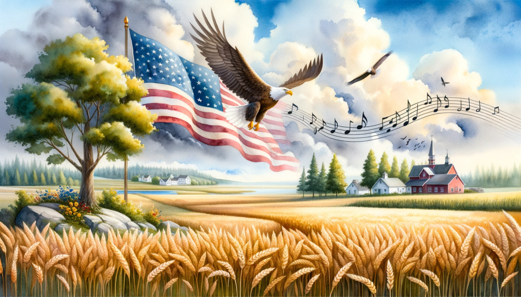 Scenic American landscape, depicting fields of golden wheat, a majestic bald eagle soaring in the sky, and musical notes floating in the air.