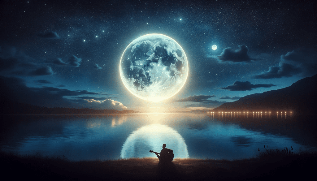 A serene night scene with a full moon over a calm lake.